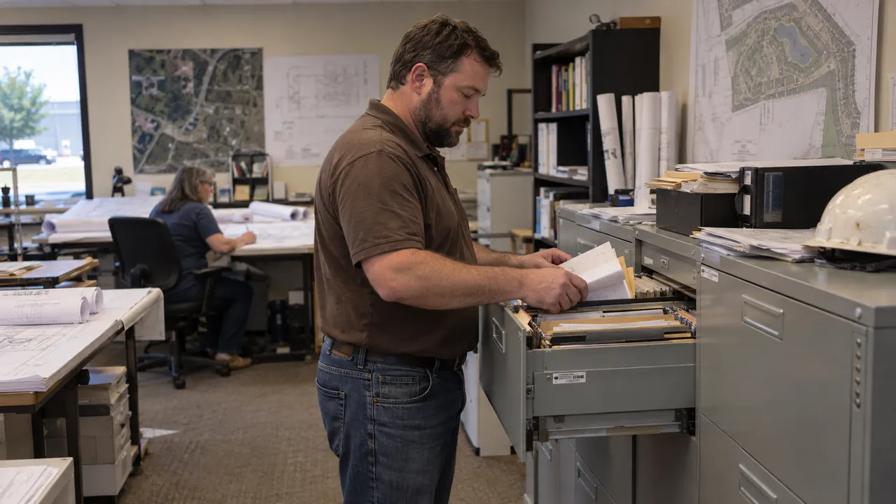 An office administrator organizing project invoices at a small surveying and engineering consultancy.