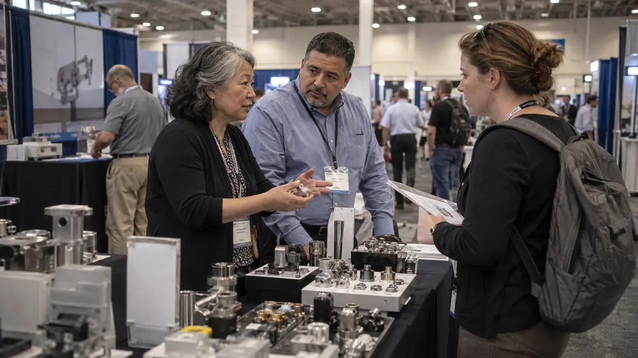 Industrial supplier staff speaking with a procurement visitor at a B2B trade exhibition.