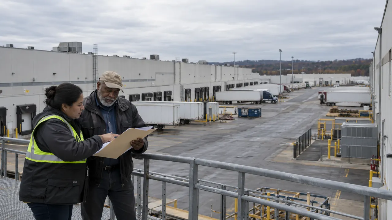 Facilities staff discussing building records at a large commercial distribution campus.