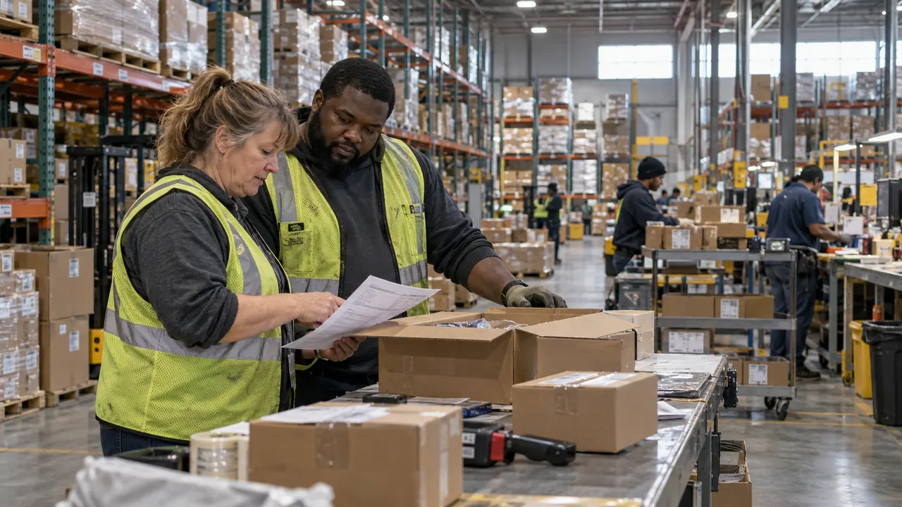 An operations supervisor and warehouse associate reviewing an outbound packing process.