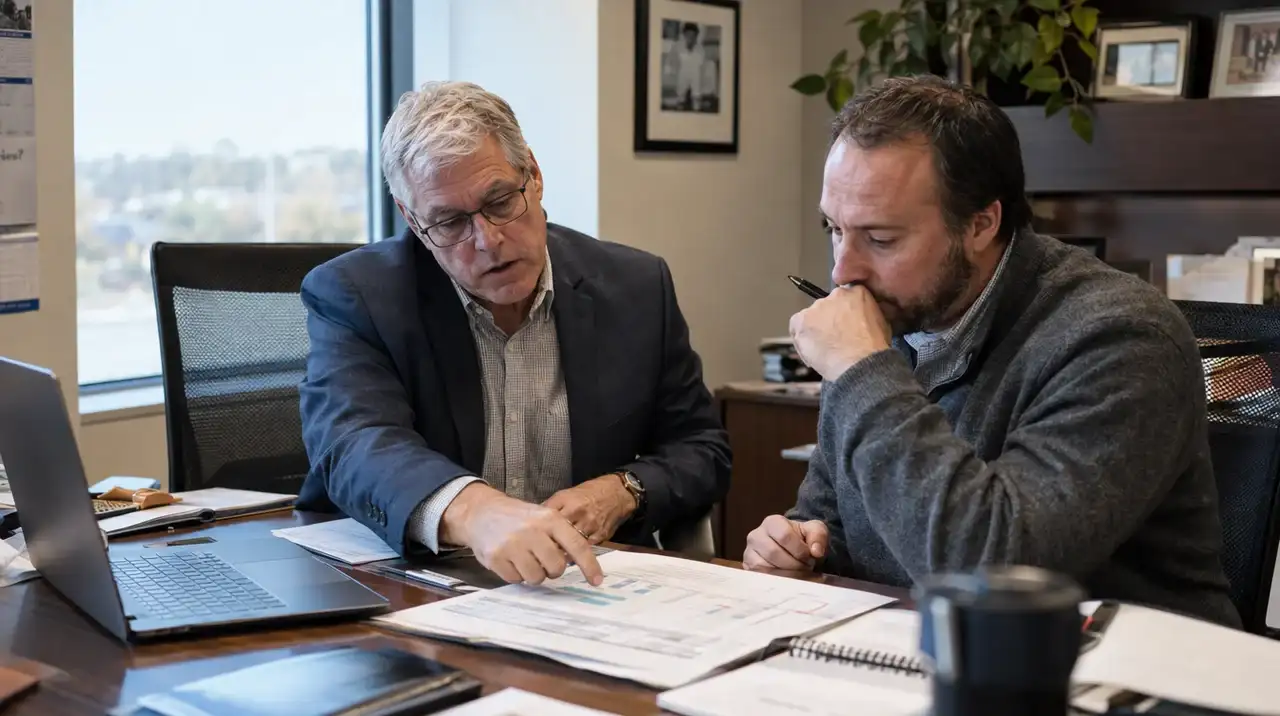 Two men reviewing financial documents together during an office consultation.