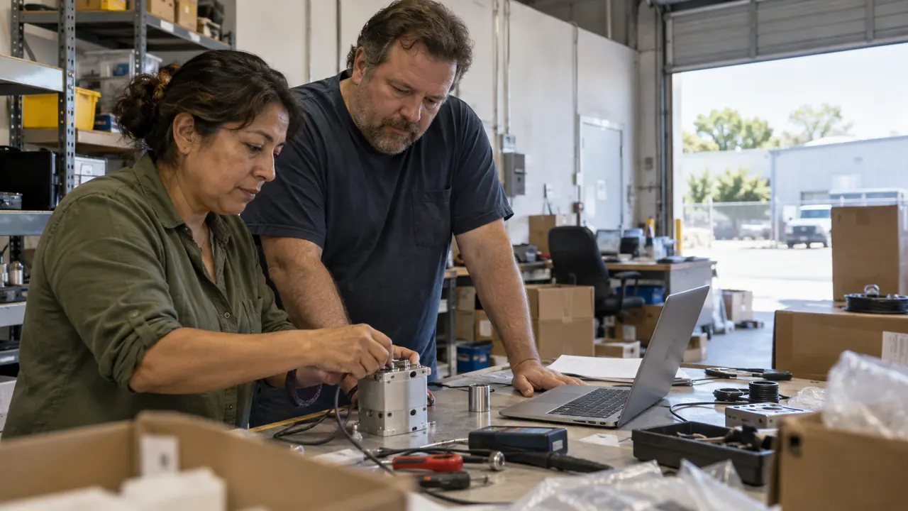 Two founders checking a prototype in a small B2B engineering venture's workspace.