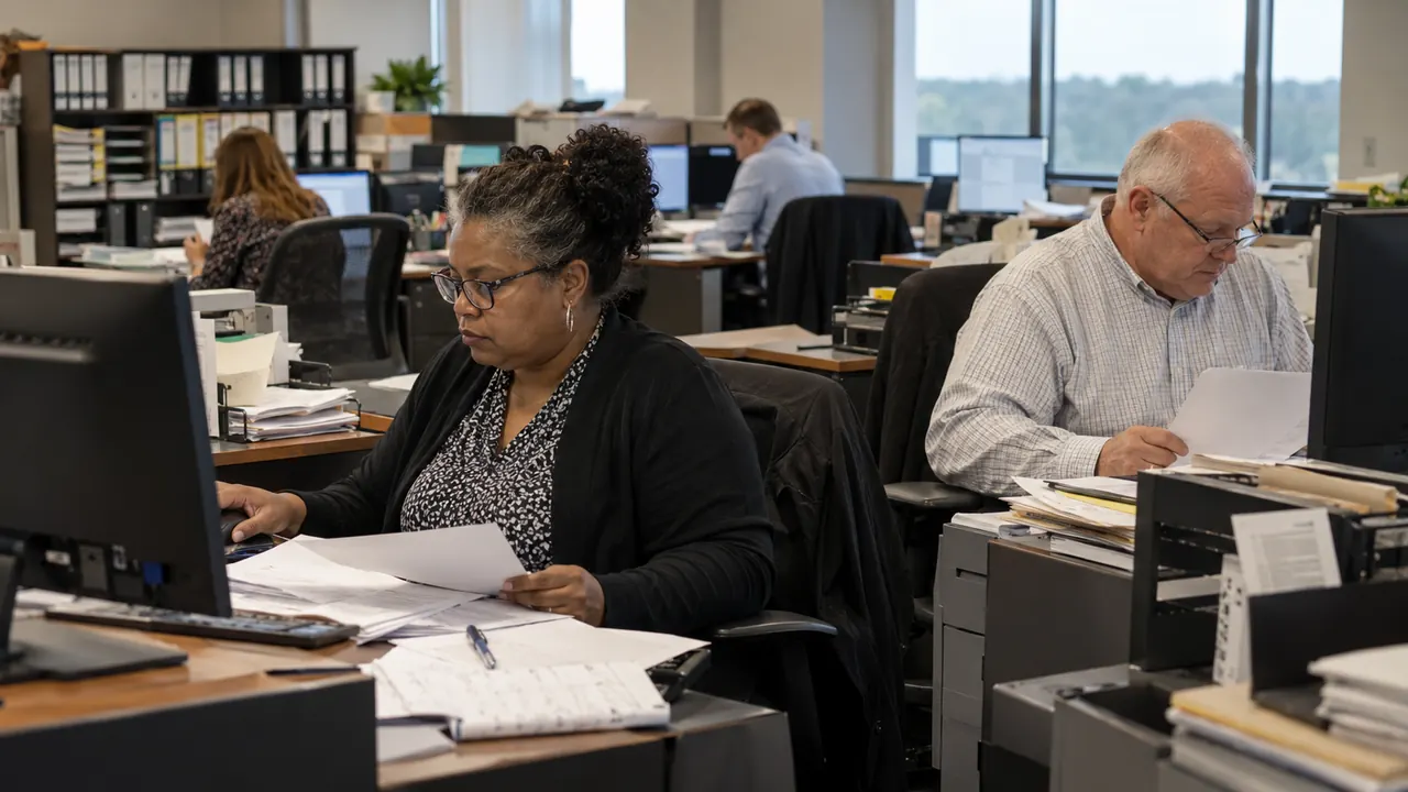 Finance staff working through month-end reports in a corporate office.