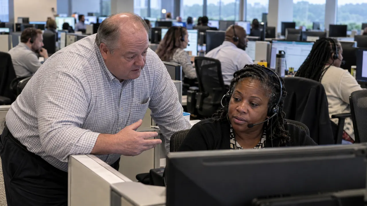 A sales coach and account manager discussing a customer call in an enterprise sales office.