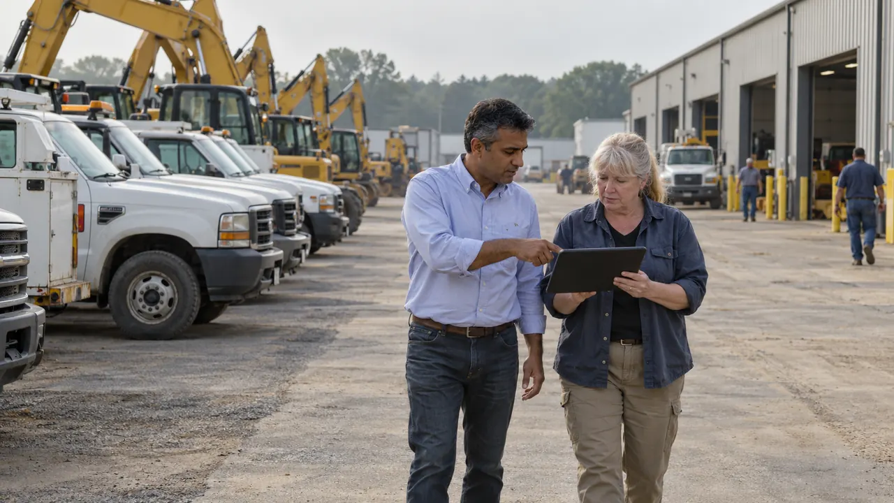 A controller and fleet manager reviewing equipment at a regional leasing company's yard.