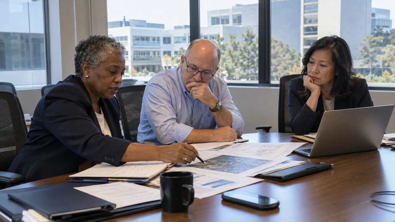 Corporate finance and project leaders reviewing an expansion funding plan.