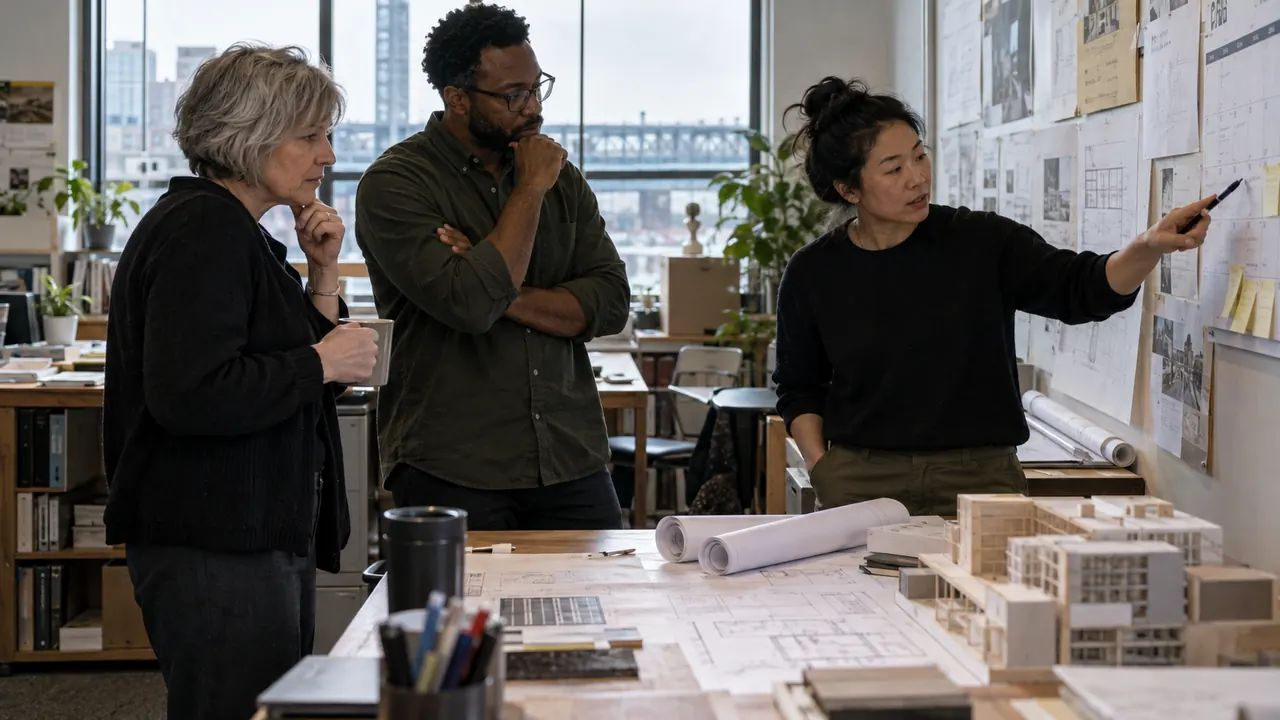 Architecture practice partners discussing priorities for commercial client projects.