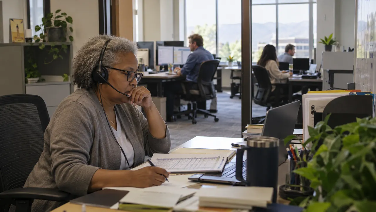 A finance leader working by headset in a growing B2B technology company's office.