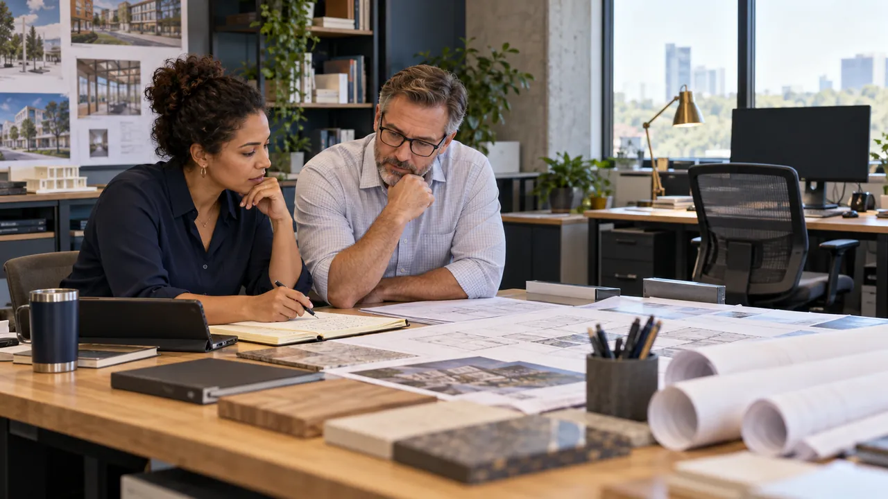 Two professionals reviewing plans in an architecture office beside an empty workstation.