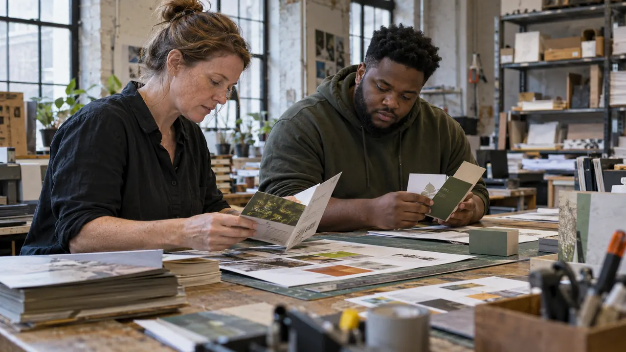 Design studio colleagues checking brochure and packaging proofs for a business client.