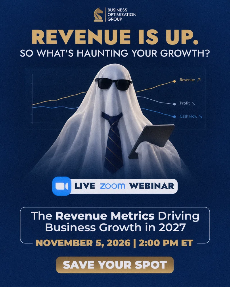 Zoom webinar: The Revenue Metrics Driving Business Growth in 2027, November 5, 2026 at 2 PM ET. Illustration of rising revenue and declining profit and cash flow. Save your spot.