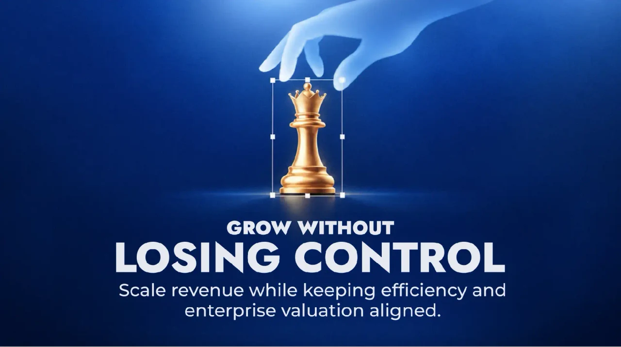 Grow Without Losing Control cover with a gold chess queen and a hand against a blue background.