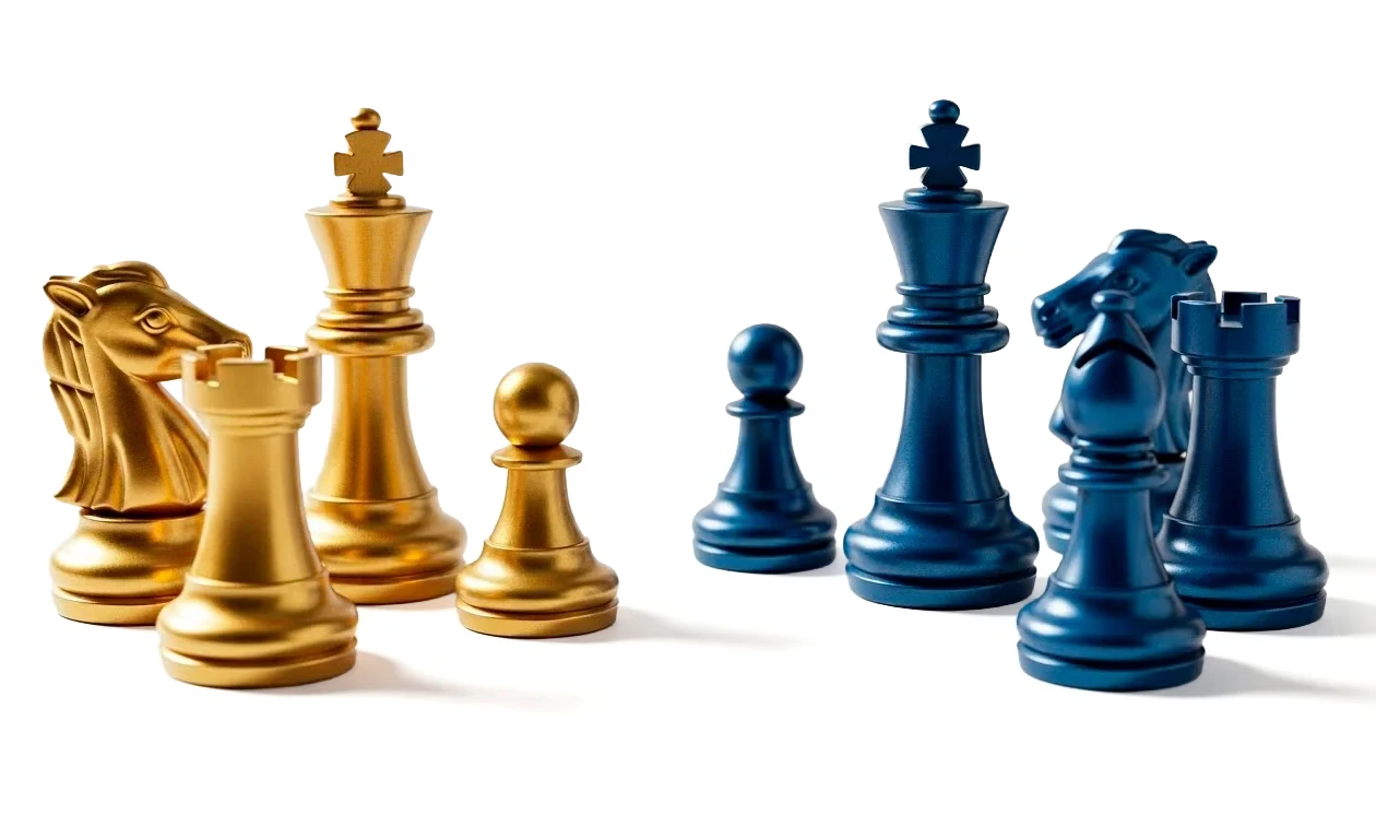 Blue and gold chess pieces representing strategic business growth