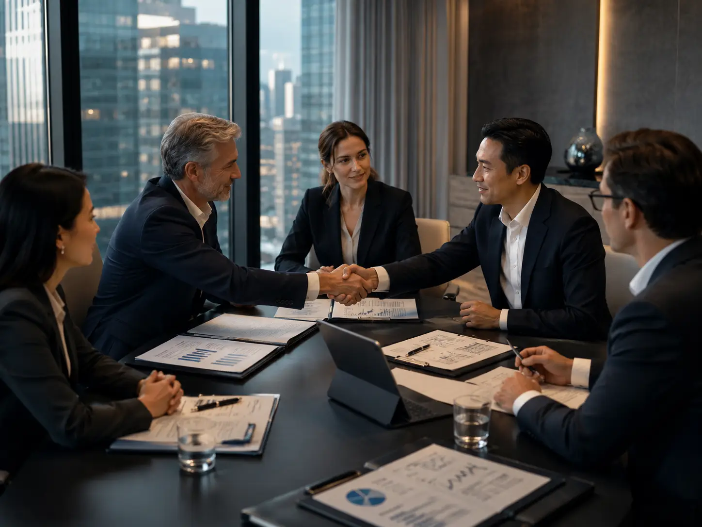 Business leaders and advisors discussing a mergers and acquisitions transaction